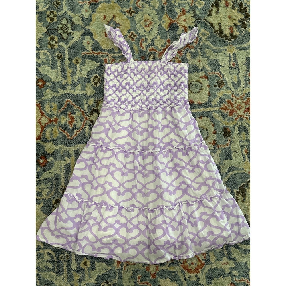 Roller Rabbit Tiered Dress Girls 10 Purple Heart Print Smocked Ruffle EUC